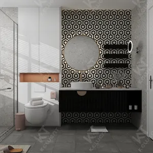 Ubin lantai mosaik marmer pola segi enam hitam dan putih Tiongkok