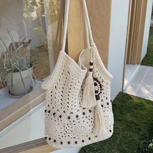 Bolso de Hombro Étnico de Gran Capacidad, Estilo Forestal, Artístico, Calado, con Borlas, de Algodón Tejido, para Vacaciones en la Playa, Color Blanco Roto - Product Image 3