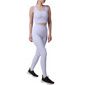 Ensemble de yoga sans couture 2 pièces : Crop top et leggings taille haute pour femme, tenue de sport couleur unie, dos nageur sans manches, longueur intégrale - Product Image 3