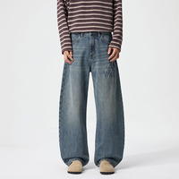 Pantalon en jean coupe droite délavé style rétro américain tendance grande taille pour homme, motif éclair, jambe large et ample