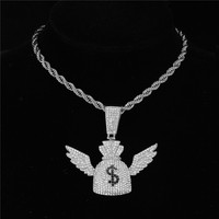 Hip Hop Icy Bling Collier Bijoux Hommes Glacé Plaqué Or Strass Diamant Aile Sac D'argent Pendentif Avec Prong Collier Cubain