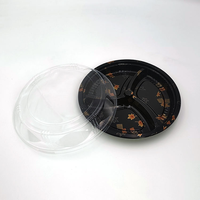 Boîte à sushis écologique personnalisée, ronde noire avec couvercle transparent, 3 compartiments, PP de qualité alimentaire pour la restauration de sashimi, vente en gros