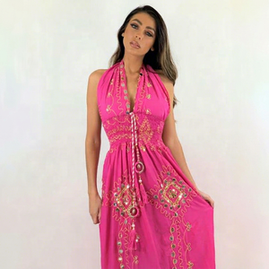 Fuchsia Bohemian Embroidered Organza Maxi Dress Halter Neck Loose Sequin Decoration Floral Print A-Line Plus Size Summer - Product Image 1