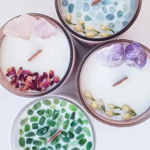 Kristallstein-Aromatherapie-Pflanzen Ätherisches Öl getrocknete Blume Soja-Zinn-Kerzen für Schlafzimmer Duftkerzen