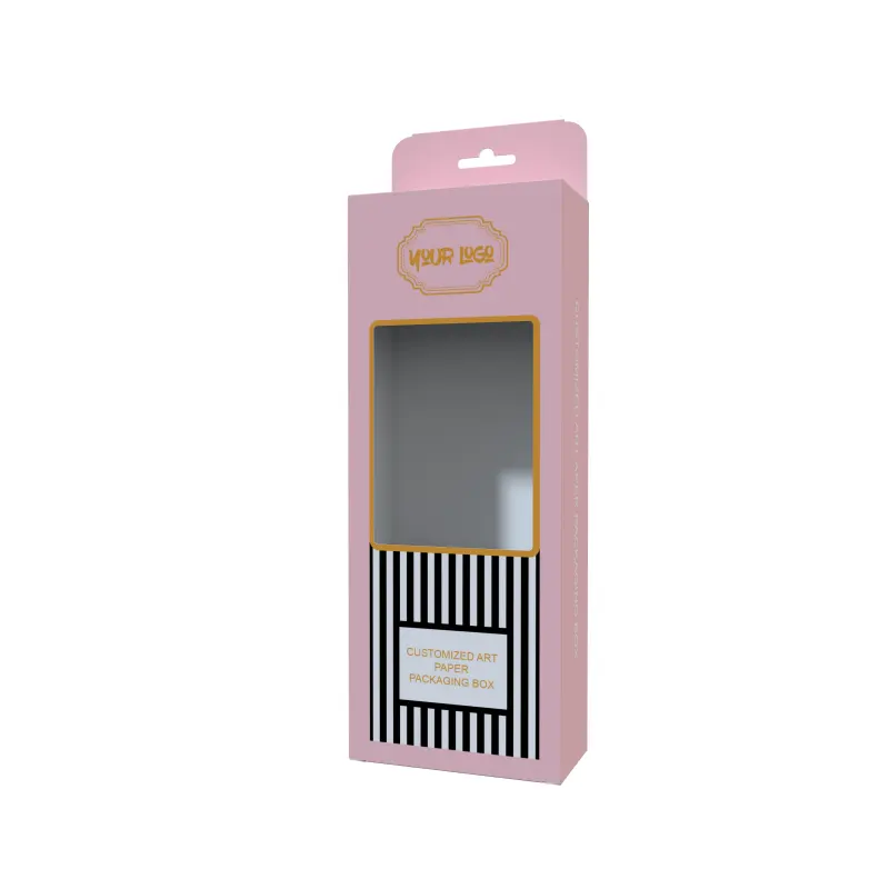 Caixa popular personalizada com logotipo de impressão colorida, caixa de papel marfim com janela transparente, atraente e rosa