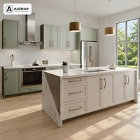 Meubles de cuisine en PVC thermoformé pour villa, design Shaker, aménagement en îlot, boîtes de rangement en panneaux mélaminés et commandes sur mesure