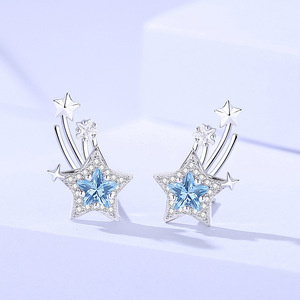 S925 New Zircon Five-pointed Sparkle Star Pendientes Delicado Diseño de temperatura de moda Blue Cubic Venta al por mayor Mujeres - Product Image 3