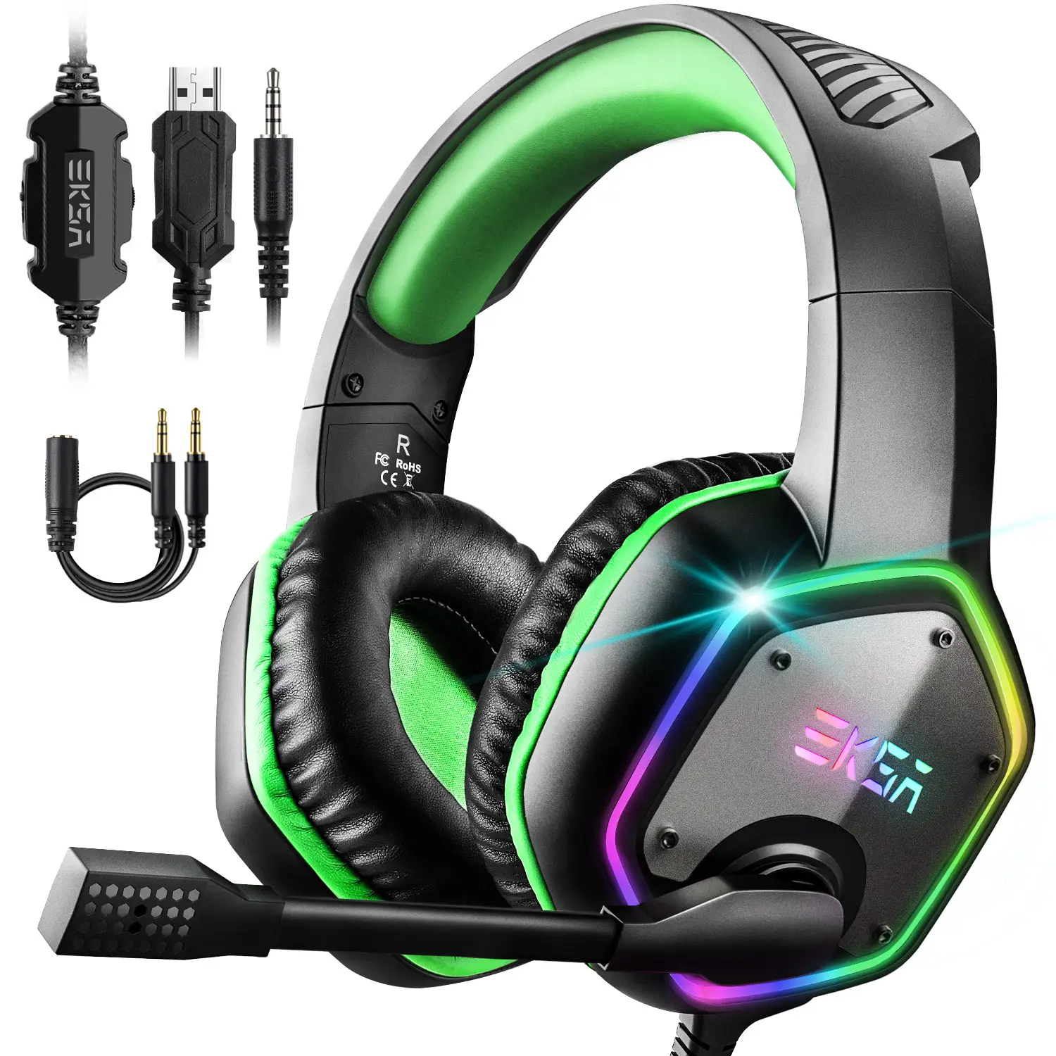 EKSA E1000 7.1 Virtual Surround Head Set Gaming Farbe LED Light Gamer Kopfhörer mit Super Bass ANC Mikrofon Für PC PS4 Grau Grün