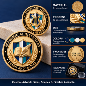 Monedas Conmemorativas Escolares Personalizadas con Diseños de Libro, Pluma y Lira para Logros Académicos y Regalos para Festivales de Arte OEM ODM - Product Image 4