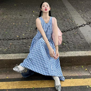 Women's Summer Korean Style Casual Mid Length Vacation <b>Dress</b> Light Blue Plaid V Neck <b>Elastic</b> Waist Breathable Leisure <b>Dress</b> - Product Image 2