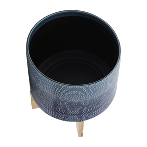 Vaso cilindrico in gres punteggiato con supporto in bambù per piante da interno ed esterno, vaso decorativo per fiori - Product Image 4