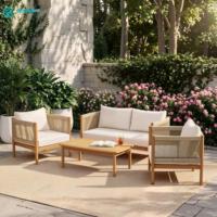 Ensemble de canapés de jardin décontractés en teck avec chaise en corde tressée et table basse, canapé modulaire en bois pour terrasse extérieure