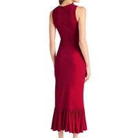 Robe mi-longue élégante pour femme, style Nouvel An, sans manches, froncée et à volants en cascade, coupe trompette