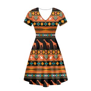 <span class=keywords><strong>Abito</strong></span> Midi Estivo da Donna con Motivo Azteco, Design Tribale Etnico, Elegante e Casual, Vestito a T-Shirt a Maniche Corte, Aderente e <span class=keywords><strong>Svasato</strong></span> - Product Image 3