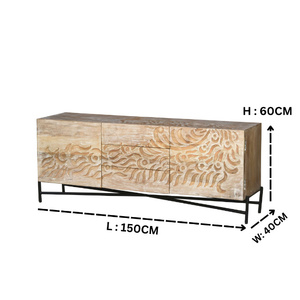 Hand-Carved Wooden <b>Sideboard</b> Cabinet with Abstract Wave Design | Natural Finish Storage Console with Metal Base - Product Image 6