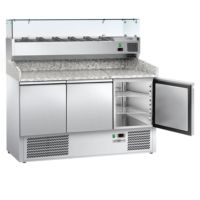 Mesa de Preparación Refrigerada para Pizza Gastro GGM ECO-1400x700mm, Triple Puerta, Eficiencia Energética A++, Temperatura Digital +4°C +10°C