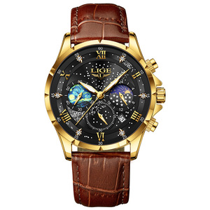 Lige Luxury Automatic Mechanical Watch Men's Stainless Steel Oval Case Glass <b>Crystal</b> Leather Strap <b>Moon</b> Phase Waterproof - Product Image 1