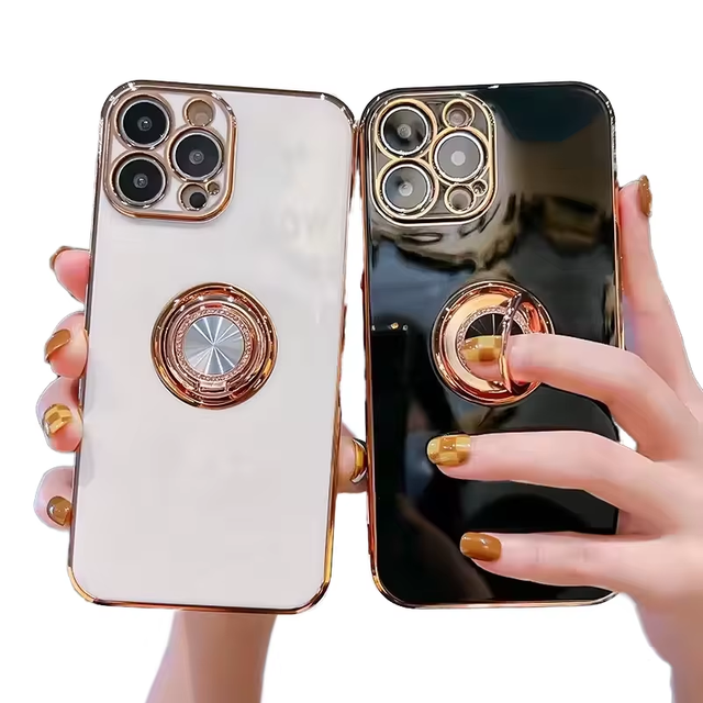 Wholesale Solid Color Electroplate Ring Magnetic Phone Case for IPhones 13 17 Pro Max 360 Degree Rotatable Stand Phone Covers