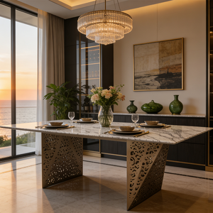 Muebles de Comedor, Juego de <span class=keywords><strong>Mesa</strong></span> de Comedor de Lujo Estilo Italiano con Cubierta de Mármol Natural <span class=keywords><strong>y</strong></span> 8 <span class=keywords><strong>Sillas</strong></span> para Restaurante - Product Image 1