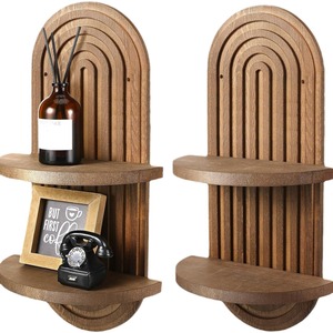 Solid Wood <b>Wall</b> <b>Mounted</b> Oval <b>Shelf</b> 2 Tier Storage Rack For Living Room Decorative Display - Product Image 3