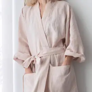 Oeko tex, оптовая продажа, женский купальный халат, эко-Розовое женское льняное платье, длинное платье в стиле кимоно, 100% льняной Халат