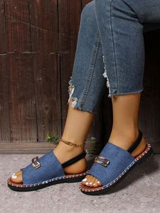Sandalias Planas de Playa Bordadas con Hebilla Grande y Superficie de Tela, con Banda Elástica de Una Correa, para Mujeres y Señoras, Novedad de Verano - Product Image 3