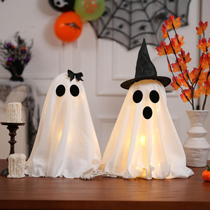 Decoración de Fantasma Luminoso de Halloween con Sombrero de Bruja y Lazo de Tela, Figura de Fantasma para Mesa, Decoración de Interiores para Fiestas en Casa - Product Image 3