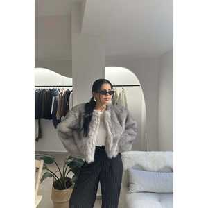 Parka Corta de Lana y Seda Gris con Relleno de Algodón, Tejido de Una Sola Pieza, Cierre de Botones, Decoración con Botones, Estampado - Product Image 2