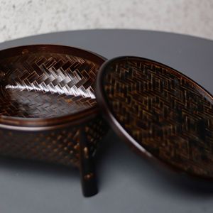 <b>Bamboo</b> Woven Storage Basket Round Black And Yellowish Brown Tea Set <b>Container</b> Living Room Use - Product Image 3