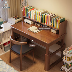 Fabriek Walnoot Kleur Hout Hoogte Aangepaste Studie Tafel En Stoel Moderne Intelligente Schrijf Bureaustoel Set Met Boekenplank Lade - Product Image 2