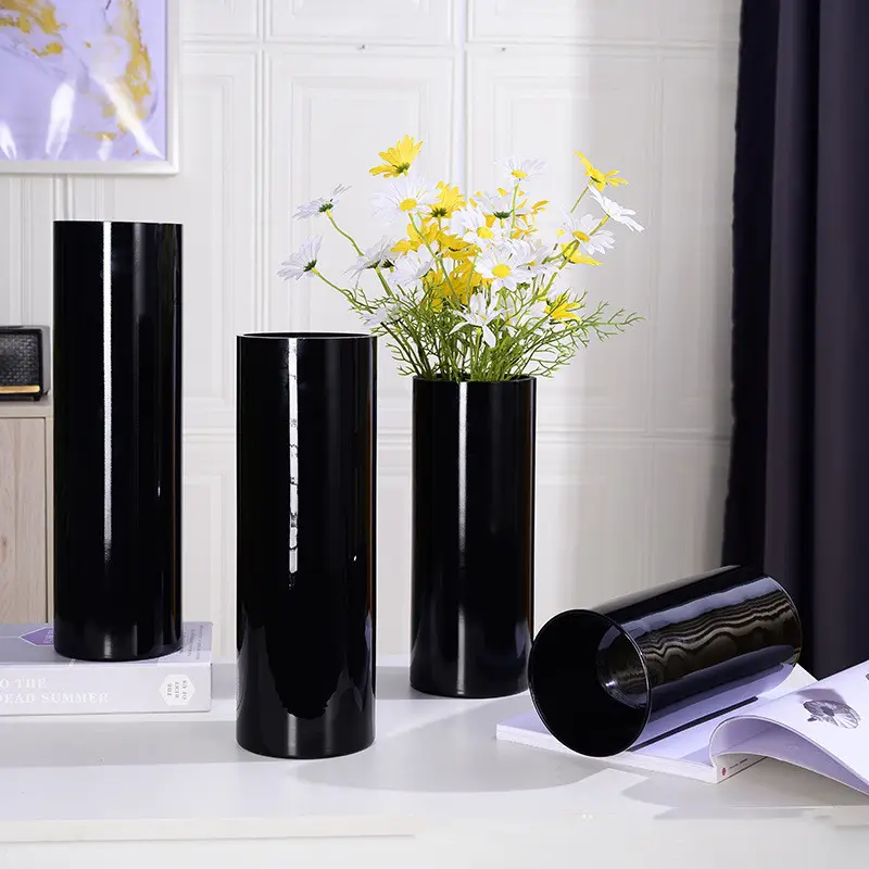 Schwarze hohe Zylinder glasboden vase für Wohnkultur Kristall vasen für Blumen