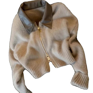 Pull en tricot pour femme, beige, manches classiques, fermeture éclair sur le devant, vêtement d'extérieur pour le début de l'automne - Product Image 5