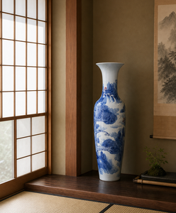 Vaso da terra gigante in stile antico blu e bianco, con intricato paesaggio di pini dipinto a mano, alto vaso decorativo da terra. - Product Image 3