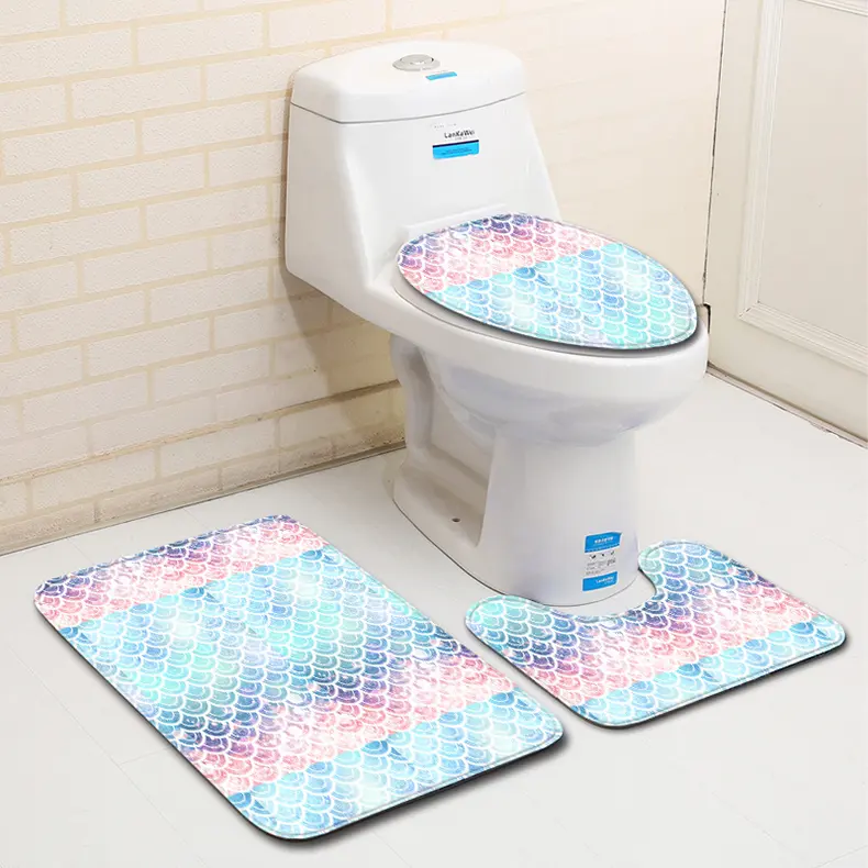 Wholesale customized design digital printed machine washable nonslip water absorption toilet cover bathroom foot mat set 3 pcs
