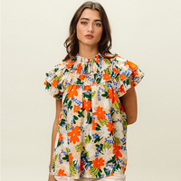 Boho Chic col roulé Bloom imprimé hauts fleur graphique manches superposées Blouse motif fleuri Smock bouton dos chemise à manches volantées