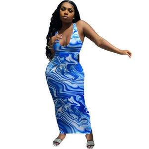 Vente chaude robes d'été 2024 mode U cou sans manches ondulé cravate colorant imprimé fête longue Sexy moulante Maxi robe - Product Image 5