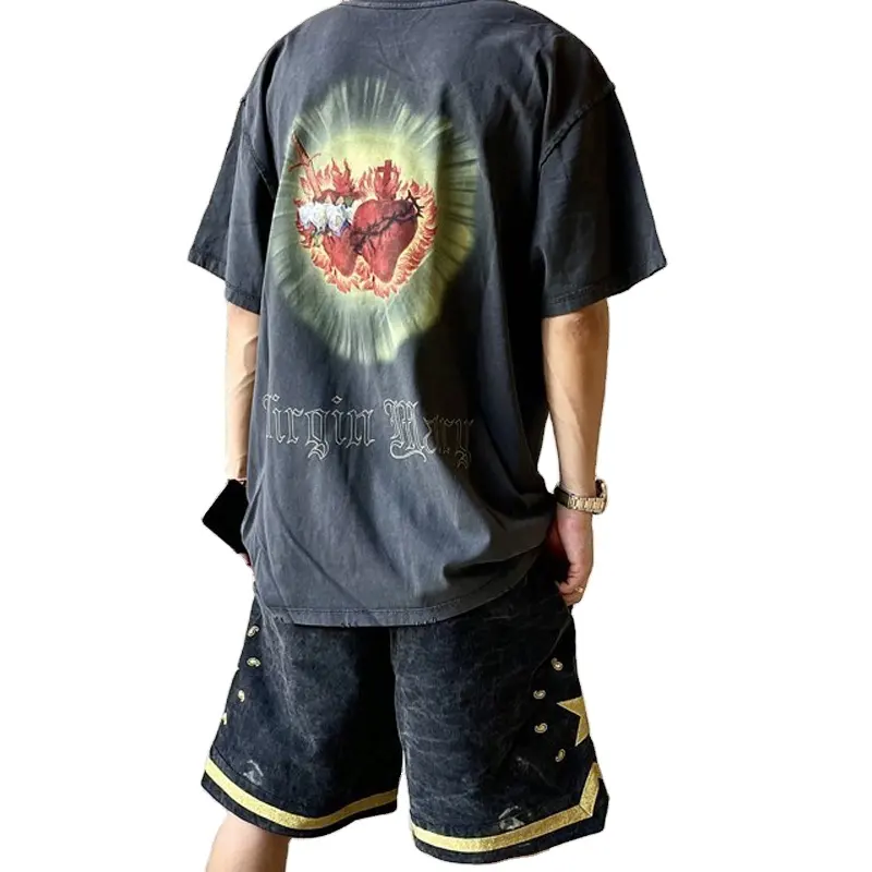 Camiseta con estampado de la Virgen María West para hombre, ropa de calle desgastada, de verano