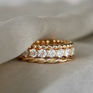 <b>Gold</b> Plated Twisted Rope <b>Ring</b> <b>Set</b> Cubic Zirconia Beaded Eternity Band for Women Wedding Party Gift - Product Image 1