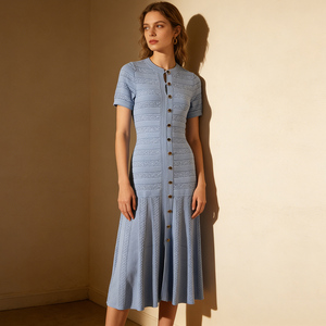 Abito Lungo da Donna Vintage Primavera Estate 2026 in Maglia a Treccia Tinta Unita, Design Elegante, Monopetto, <span class=keywords><strong>Maniche</strong></span> <span class=keywords><strong>Corte</strong></span>, Girocollo - Product Image 5