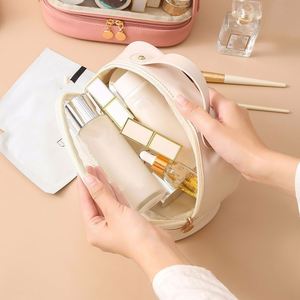 Large Capacity Double Layer Transparent PVC Toiletry Bag Skin Care Storage Soft PU Leather Cosmetic Bag With <b>Makeup</b> Brush <b>Holder</b> - Product Image 3
