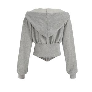 สินค้ามาใหม่ ราคาขายส่ง ผ้าฝ้าย 100% แฟชั่นสไตล์เรโทรลำลอง ทรงเข้ารูป แจ็คเก็ตครอปแบบมีฮู้ดสีเทาล้วน - Product Image 2