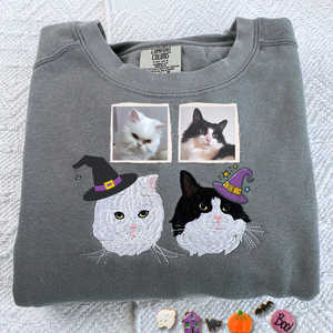Chat brodé personnalisé Portrait Photo femmes Halloween sorcière chapeau sweat à capuche hiver automne tissé tissu 3D motif avant - Product Image 6