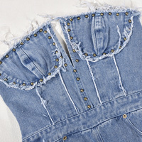 Combinaison en jean tendance été 2023 de haute qualité, style déchiré et perlé, sans bretelles, pour femme, vente en gros