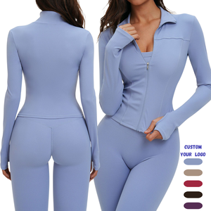 Veste de sport longue à manches longues pour femme avec col montant et fermeture éclair intégrale, coupe sculptante, yoga, course à pied, entraînement, sport de plein air - Product Image 1