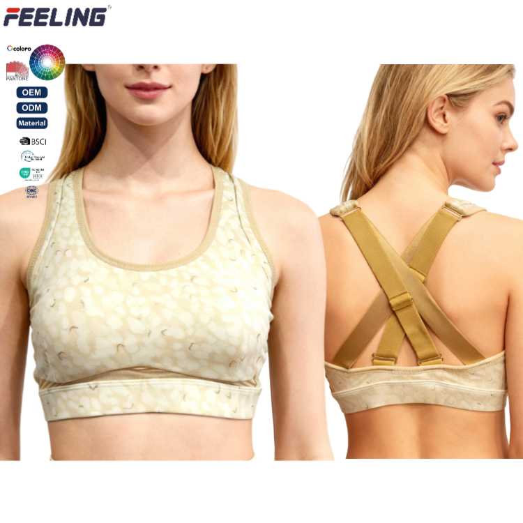 Women's Breathable Sports Bra with Cut Out Design Heat-Transfer Printing Gold Seagull Motif Crisscross Straps OEM ODM Yoga Wear
