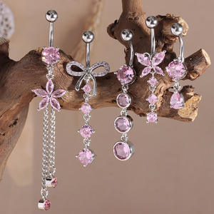 <span class=keywords><strong>Piercing</strong></span> de nombril long multi-styles en acier inoxydable plaqué or avec micro-incrustation de zircon rose et pendentif papillon - Product Image 3