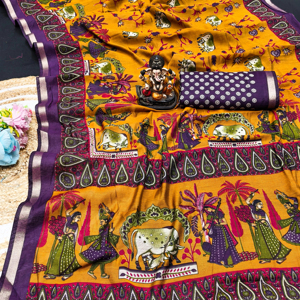 Saree en coton et lin doux avec imprimé floral et pallu imprimé est livré avec un chemisier imprimé avec bordure assortie - Product Image 1