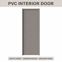Porte intérieure minimaliste gris froid en PVC avec panneau rainuré et détails de découpe polygonale, finition mate pour bureau et appartement