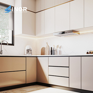 Elegantes armarios de cocina personalizados Gris Empuje sin manija para abrir cajones Estantes Impermeable Casas modernas - Product Image 6