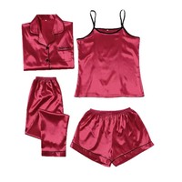 Set Piyama Sutra Satin Wanita 4Pcs Kancing Depan Set Piyama Lengan Pendek Baju Tidur Loungewear Pjs Baju Malam S-XXXL